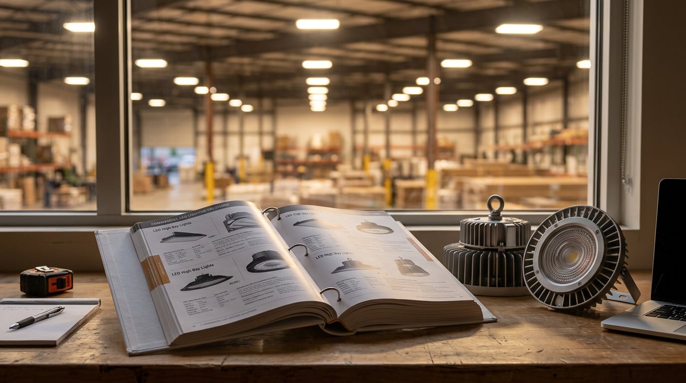Open spec binder on a contractors desk with two LED high bay samples and a softly lit warehouse in the background