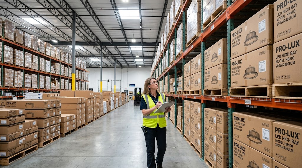 LED lighting distributor warehouse with stocked high bay fixtures on pallet racks