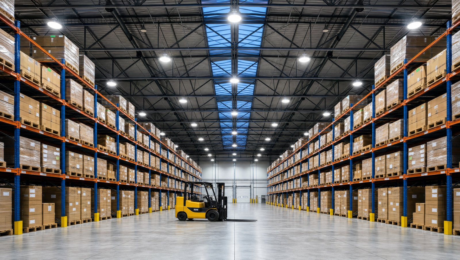 Wide distribution warehouse interior at dusk lit by rows of round UFO 200W LED high bay fixtures suspended from a steel-truss ceiling above tall selective pallet racking