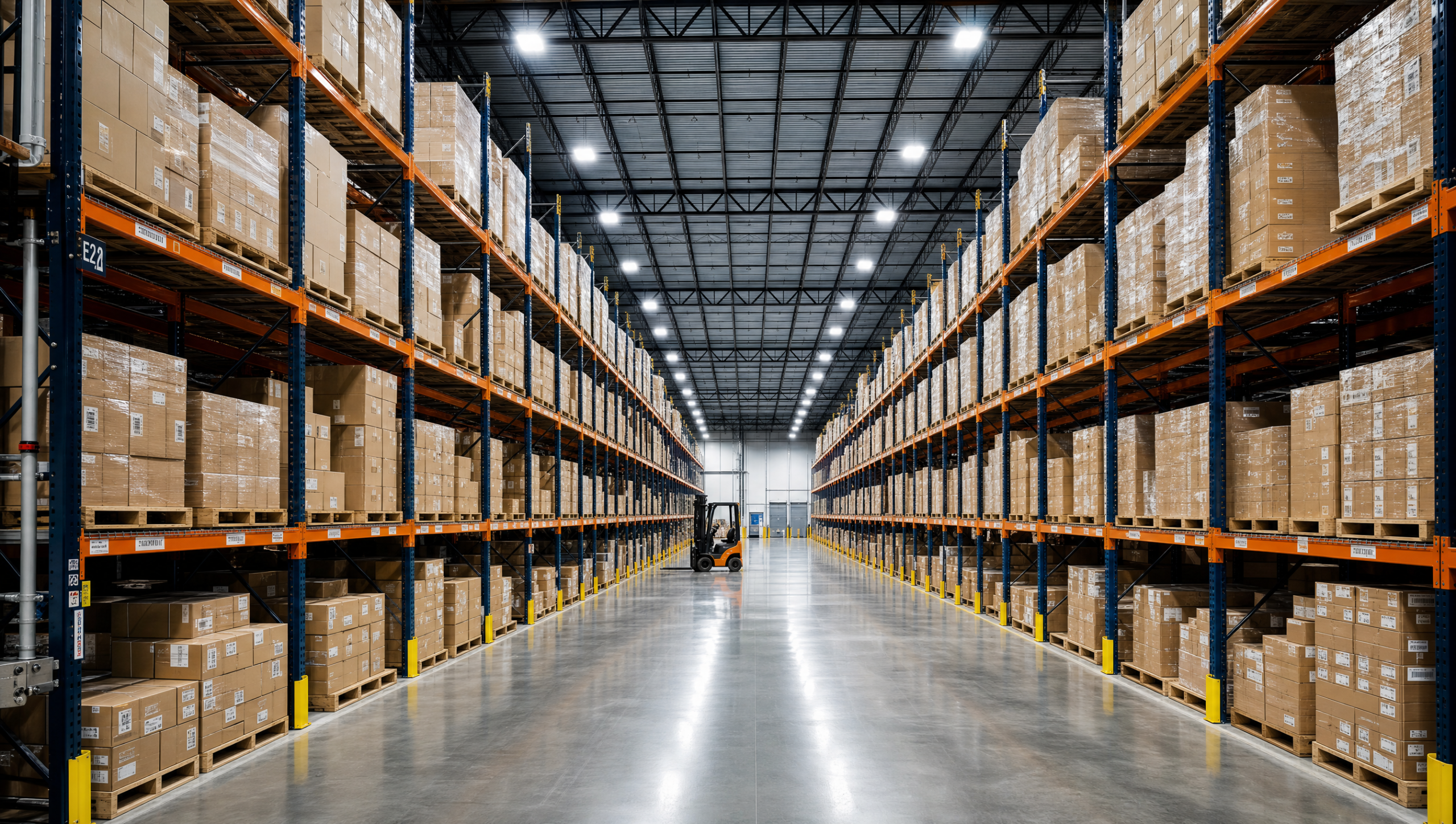 Modern warehouse interior fully illuminated by LED high bay fixtures across tall pallet racks