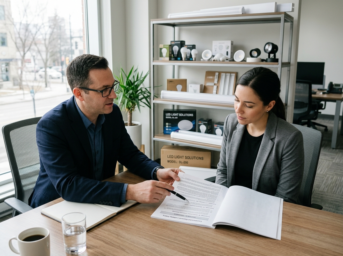 Insurance broker reviewing a commercial general liability policy with an LED distributor owner