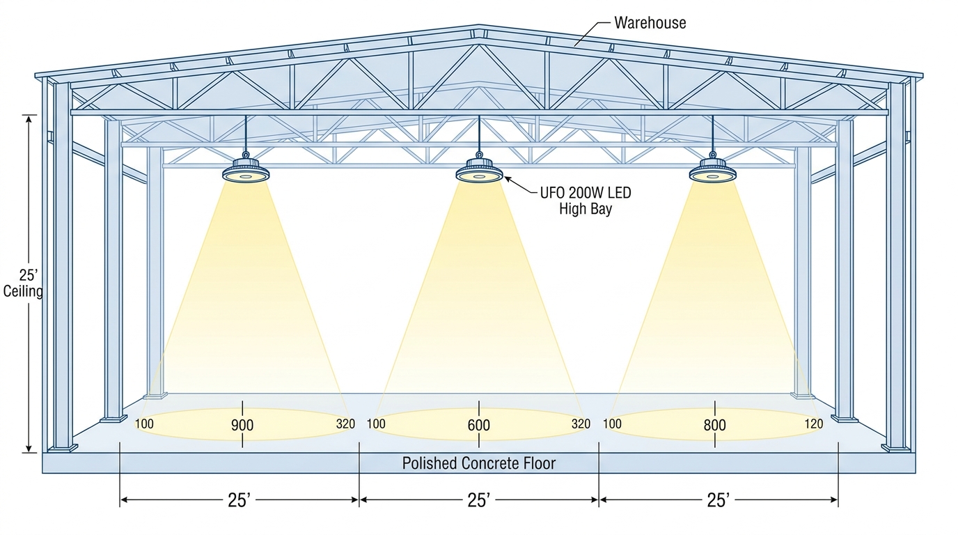 Architectural cross-section technical illustration of a warehouse interior showing 25-foot ceiling height labeled with three round UFO 200W LED high bay fixtures hanging at equal spacing and yellow gradient light beam cones descending toward the floor with dimension lines