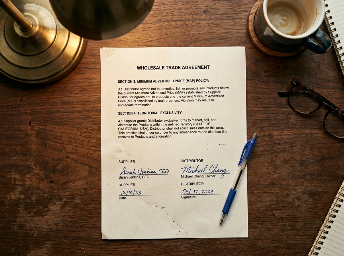 A signed wholesale trade agreement on a desk showing MAP policy clauses with a pen resting on the page