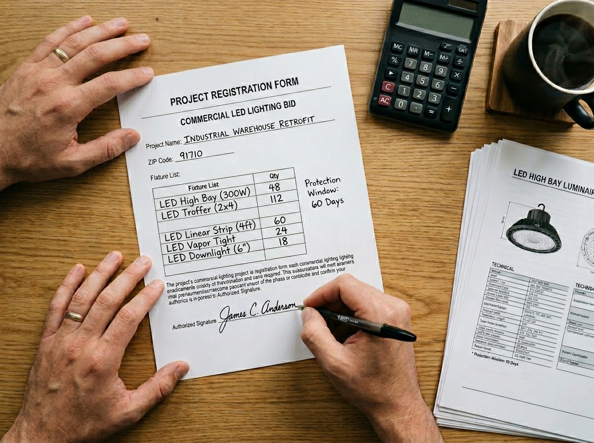 Close-up of a printed project registration form for a commercial LED lighting bid with handwritten project name, ZIP, fixture list, and a 60-day protection window noted in pen