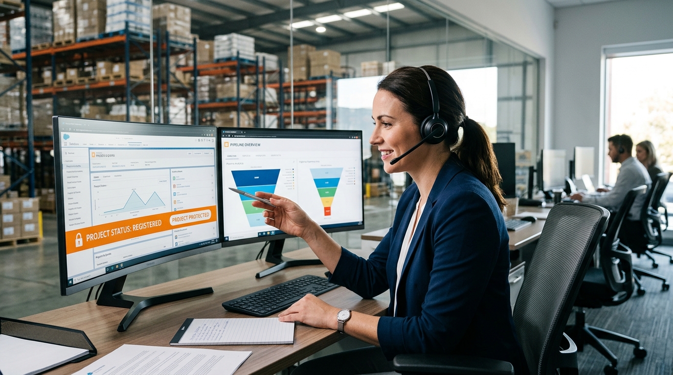 Wholesale LED lighting distributor quote desk operator on a headset call gesturing at a CRM dashboard with a Project Protected status badge on the monitor