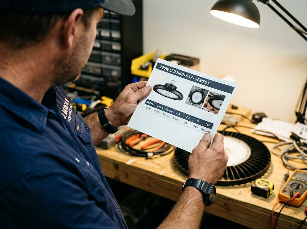 Close-up over-the-shoulder view of a contractor in a navy work shirt holding a printed product specification sheet for a 200W LED high bay light with visible columns for wattage, lumens, efficacy, CCT, CRI, IP65, and DLC Premium ratings