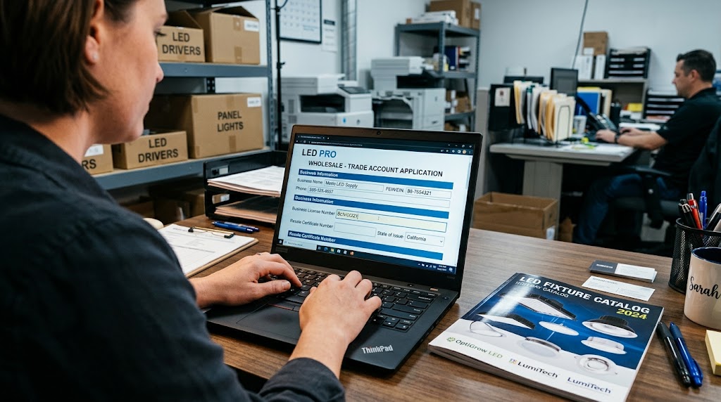 Laptop screen displaying a wholesale LED trade account application form
