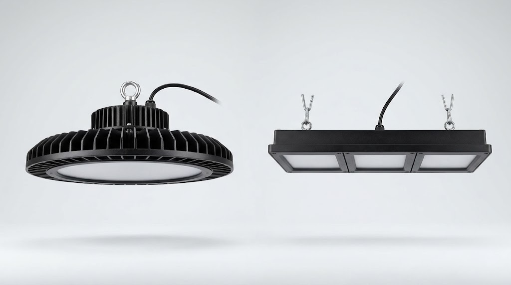 Studio product photography side by side comparison of one round UFO 200W LED high bay fixture on the left and one rectangular linear 200W LED high bay fixture on the right against a clean light gray seamless backdrop
