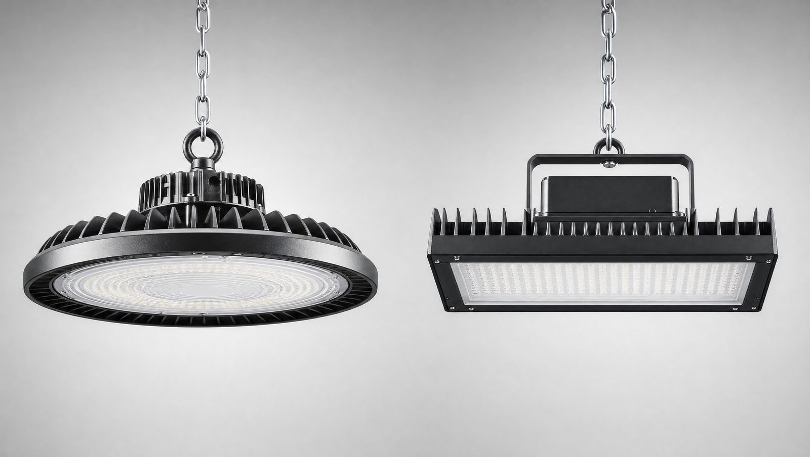 Side-by-side comparison of a round UFO LED high bay and a rectangular linear LED high bay fixture