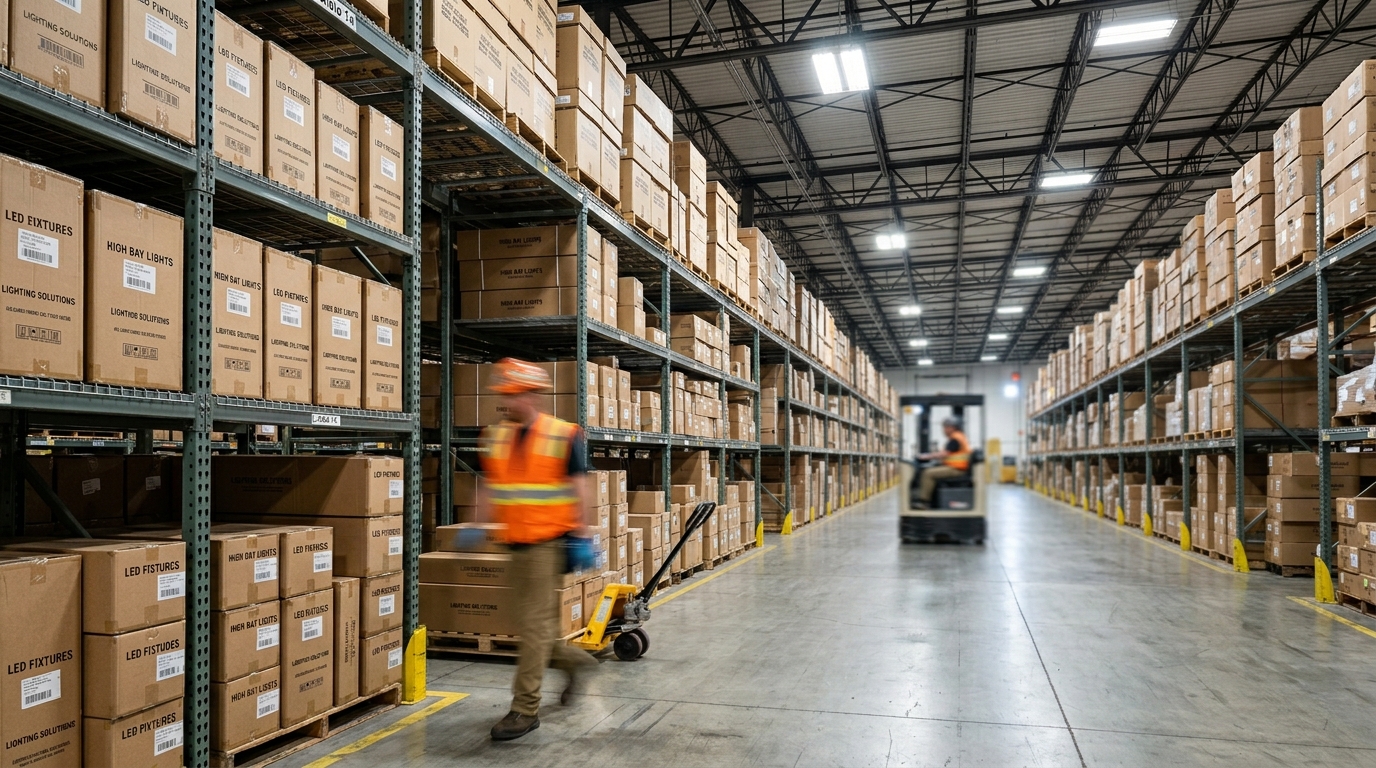 Wholesale lighting distribution warehouse aisle with stacked cartons and a forklift in motion