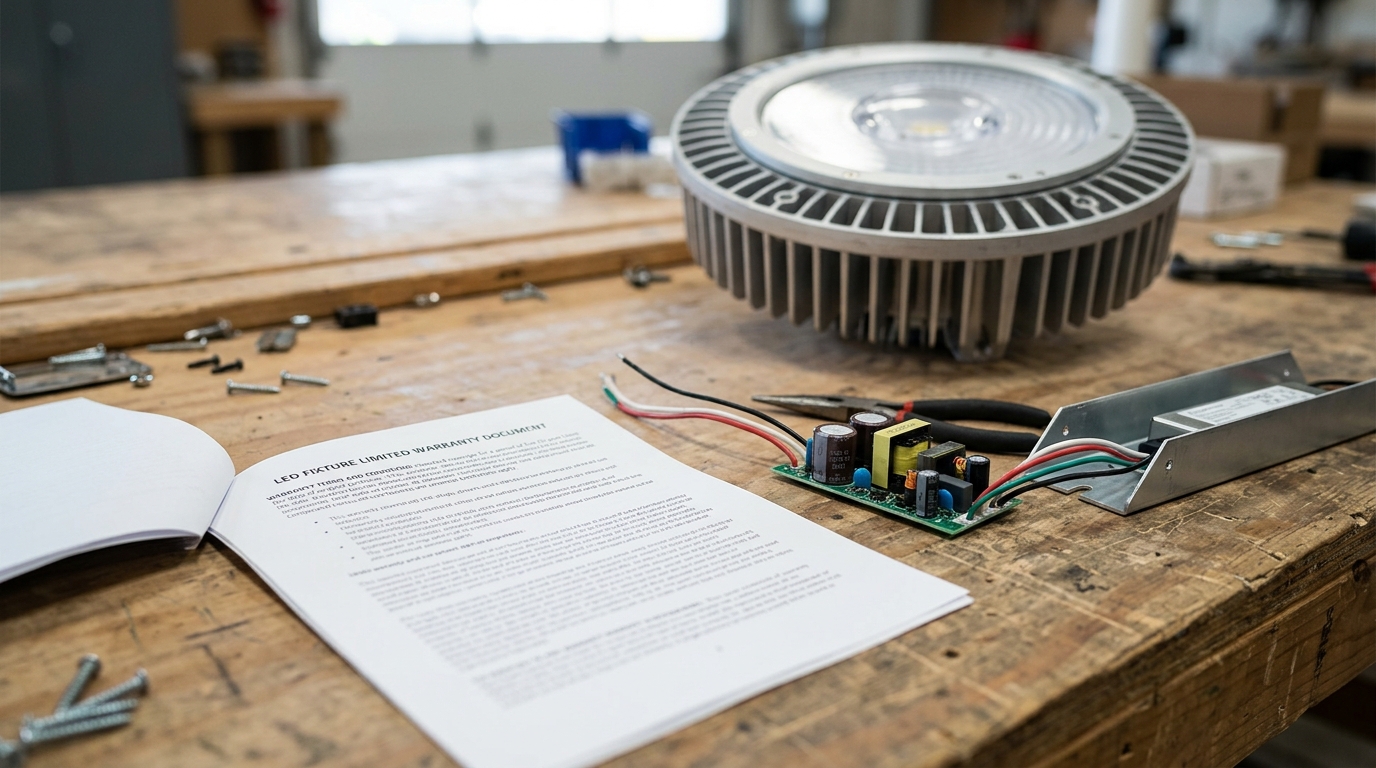 A printed warranty document next to LED driver components on a workbench