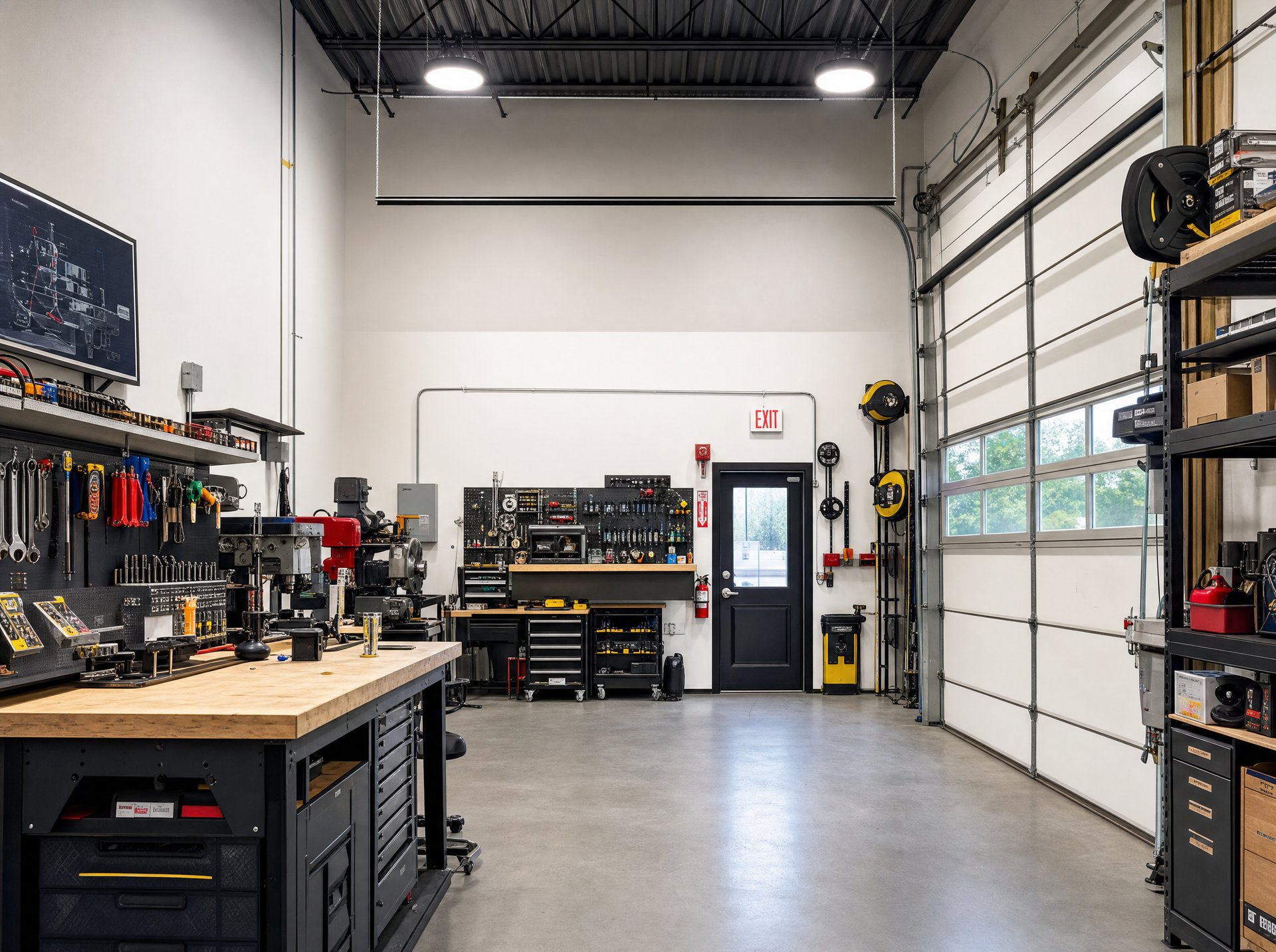 Small commercial workshop with 16 foot ceiling lit by two 100W UFO LED high bay fixtures