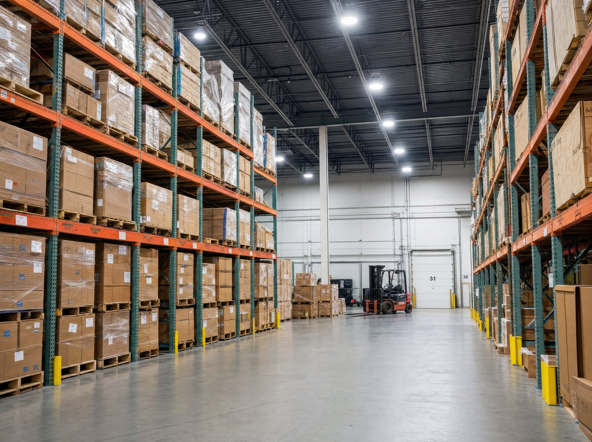Mid-size warehouse interior with 22 foot ceiling and multiple 150W UFO LED high bay lights over pallet racks