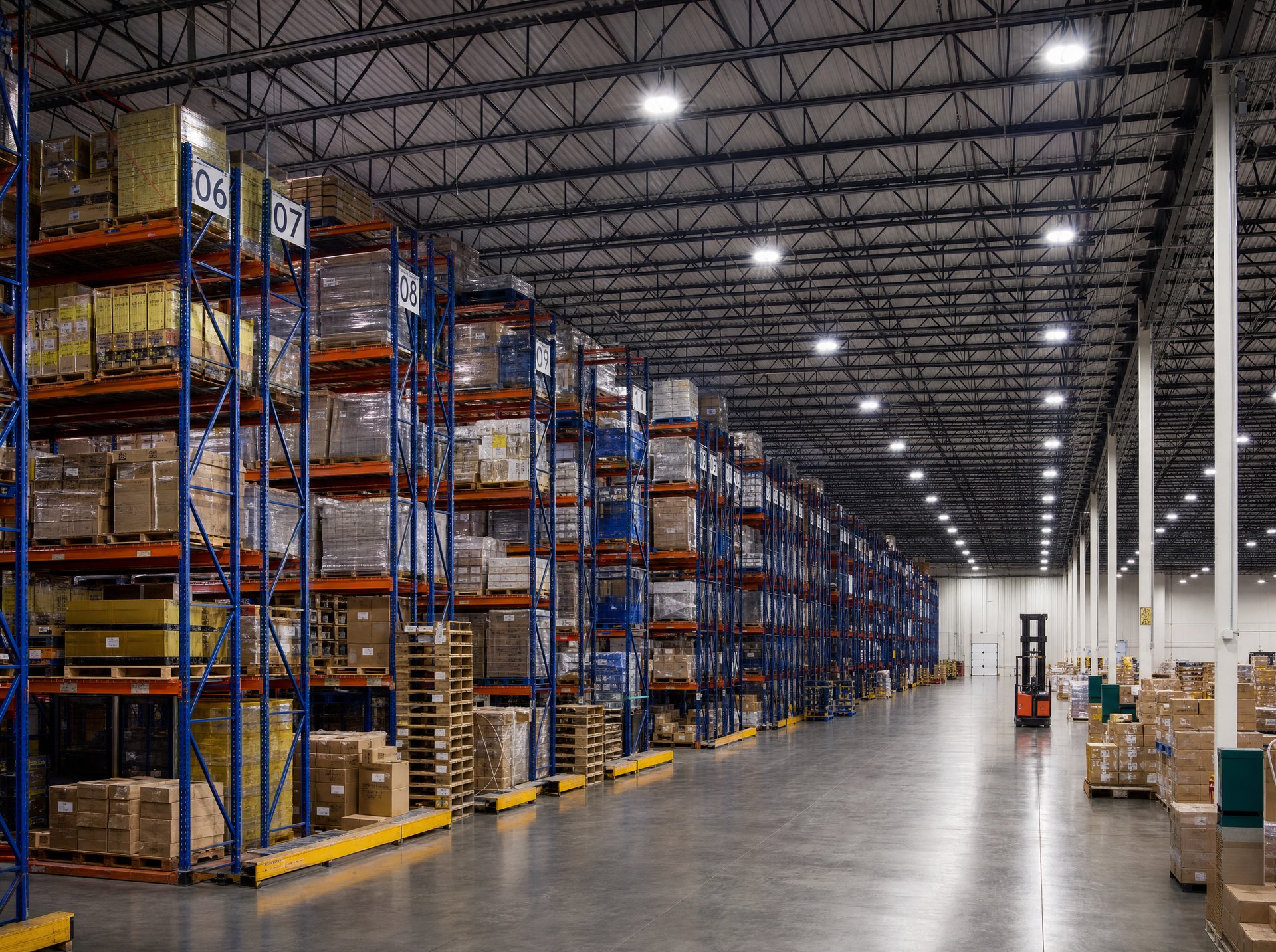 Large distribution center with 30 foot ceiling lit by rows of 200W UFO LED high bay lights over tall pallet racks
