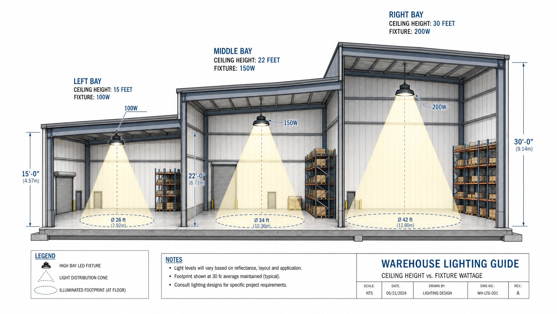 Cutaway diagram of warehouse showing 100W at 15 feet, 150W at 22 feet, and 200W at 30 feet with light cones to floor