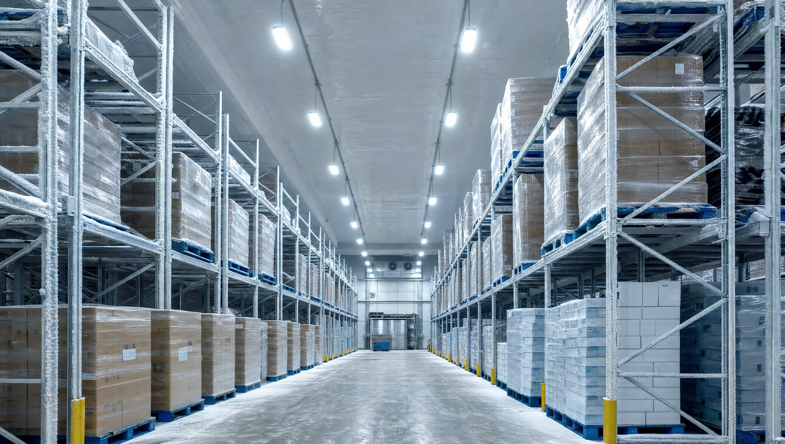 A cold storage refrigerated warehouse with linear 200W LED high bay light fixtures hanging in long parallel rows over narrow aisle racking