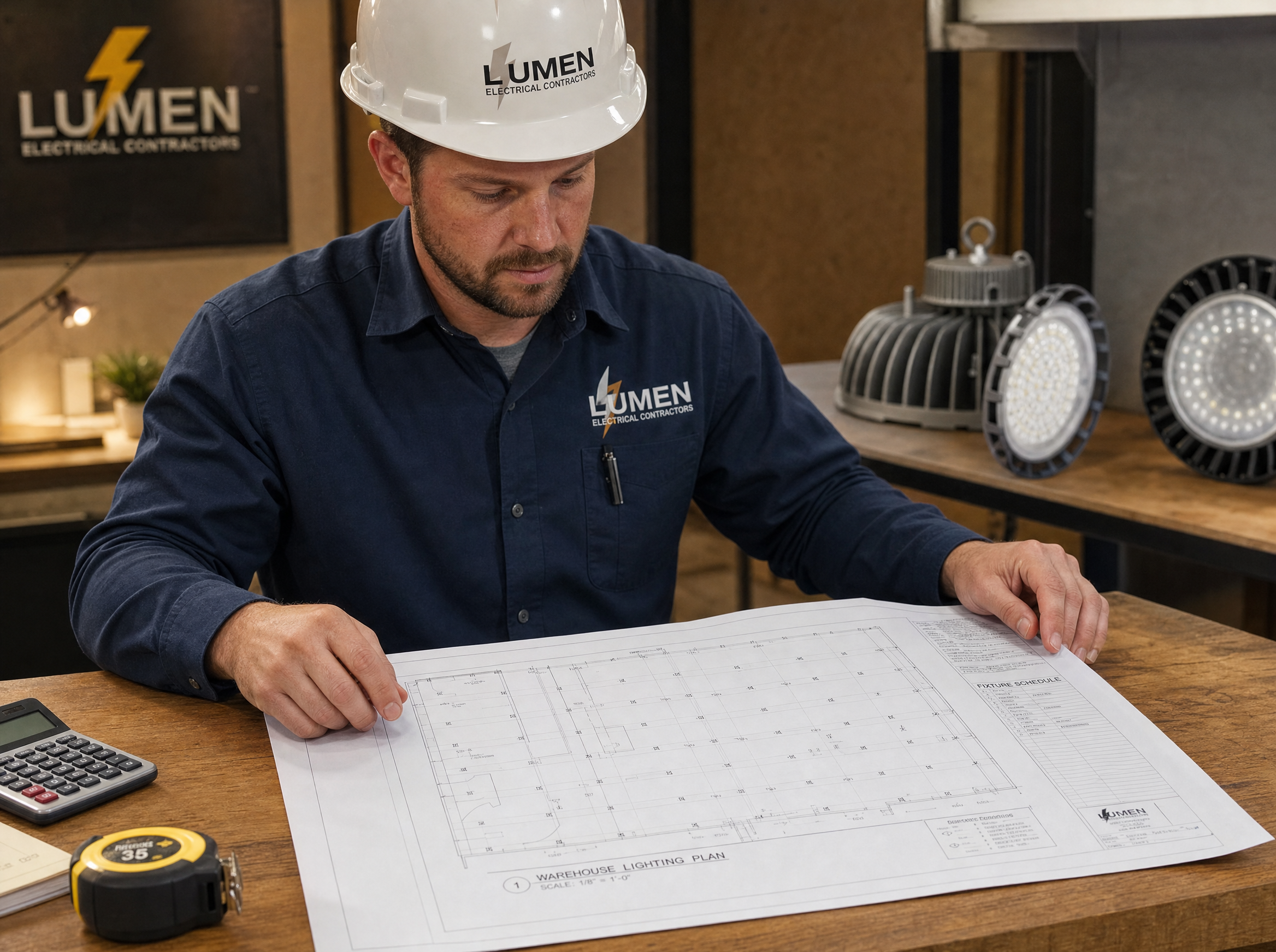 A commercial lighting contractor in a navy work shirt and hard hat reviewing a printed warehouse lighting plan blueprint on a wooden table with a calculator a measuring tape and LED high bay fixture samples in the background