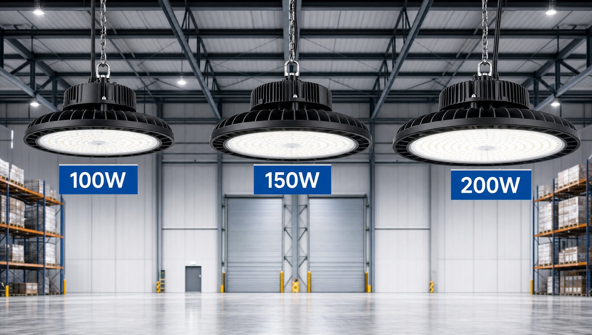Three LED high bay fixtures labeled 100W, 150W, and 200W hanging side by side in a warehouse