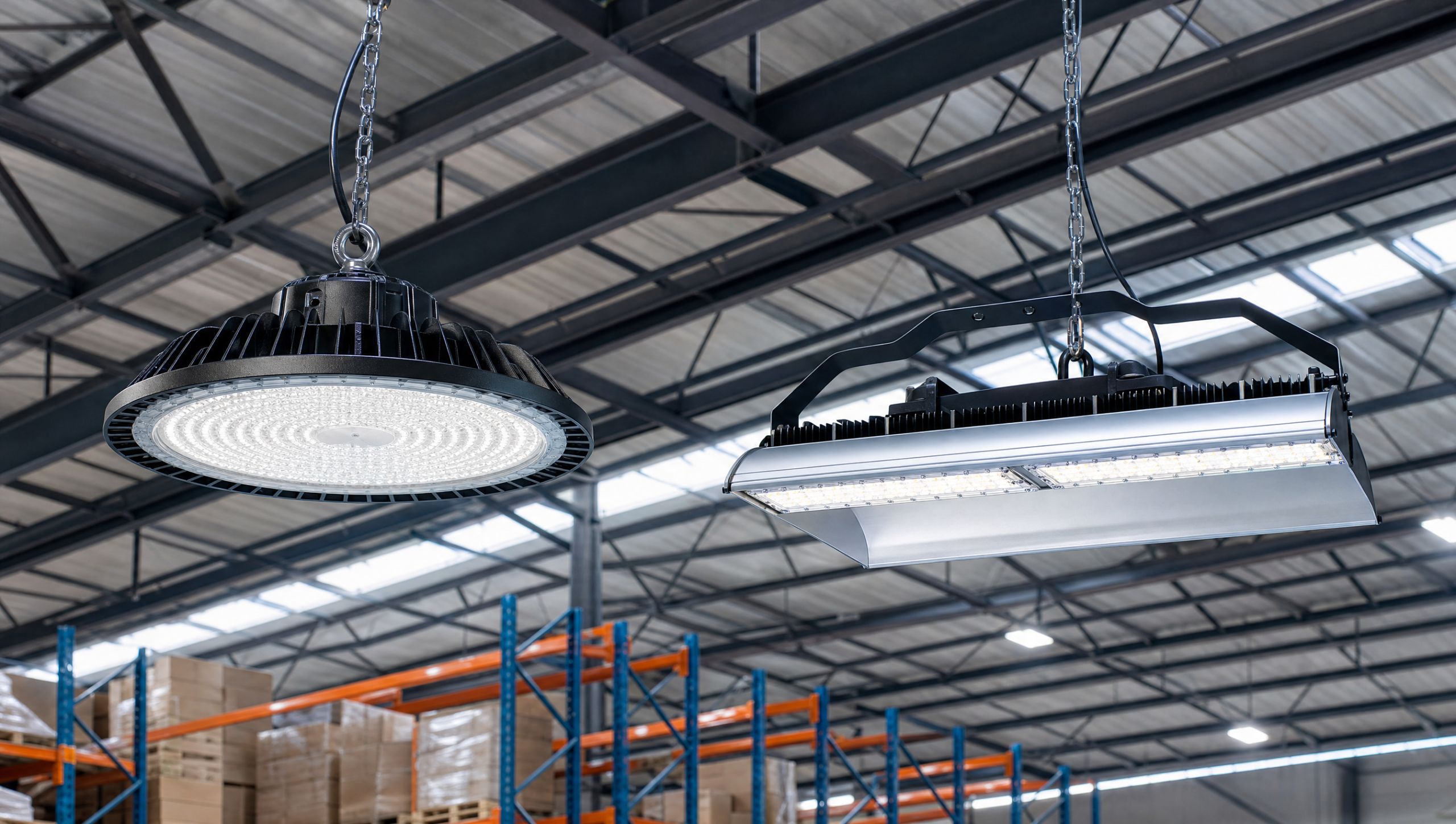 A round UFO LED high bay light and a rectangular linear LED high bay light hanging side by side from a warehouse ceiling