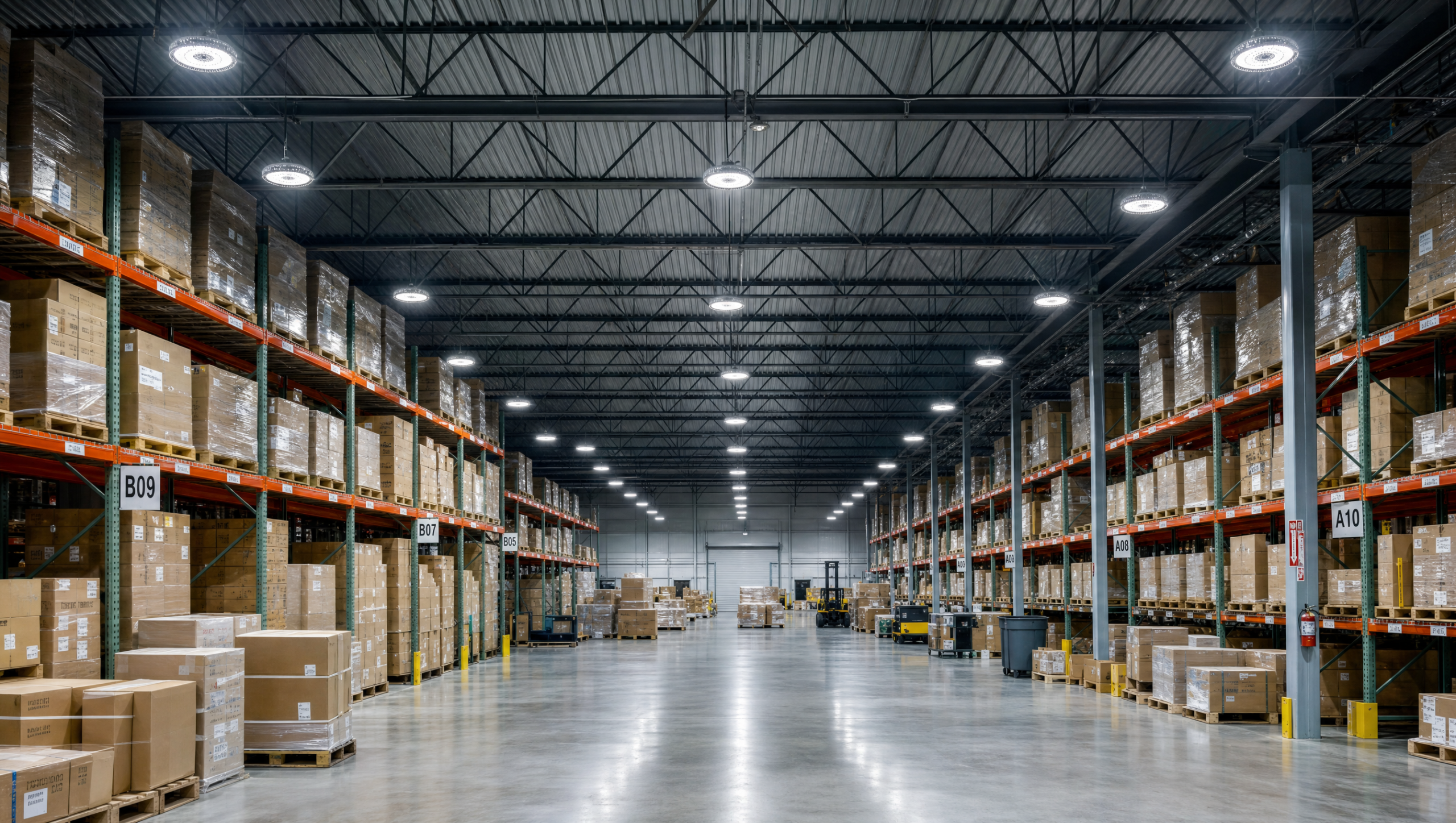 Wide-angle interior view of a modern warehouse with rows of round UFO 200W LED high bay lights suspended from a high steel-truss ceiling illuminating evenly spaced racking and a polished concrete floor below