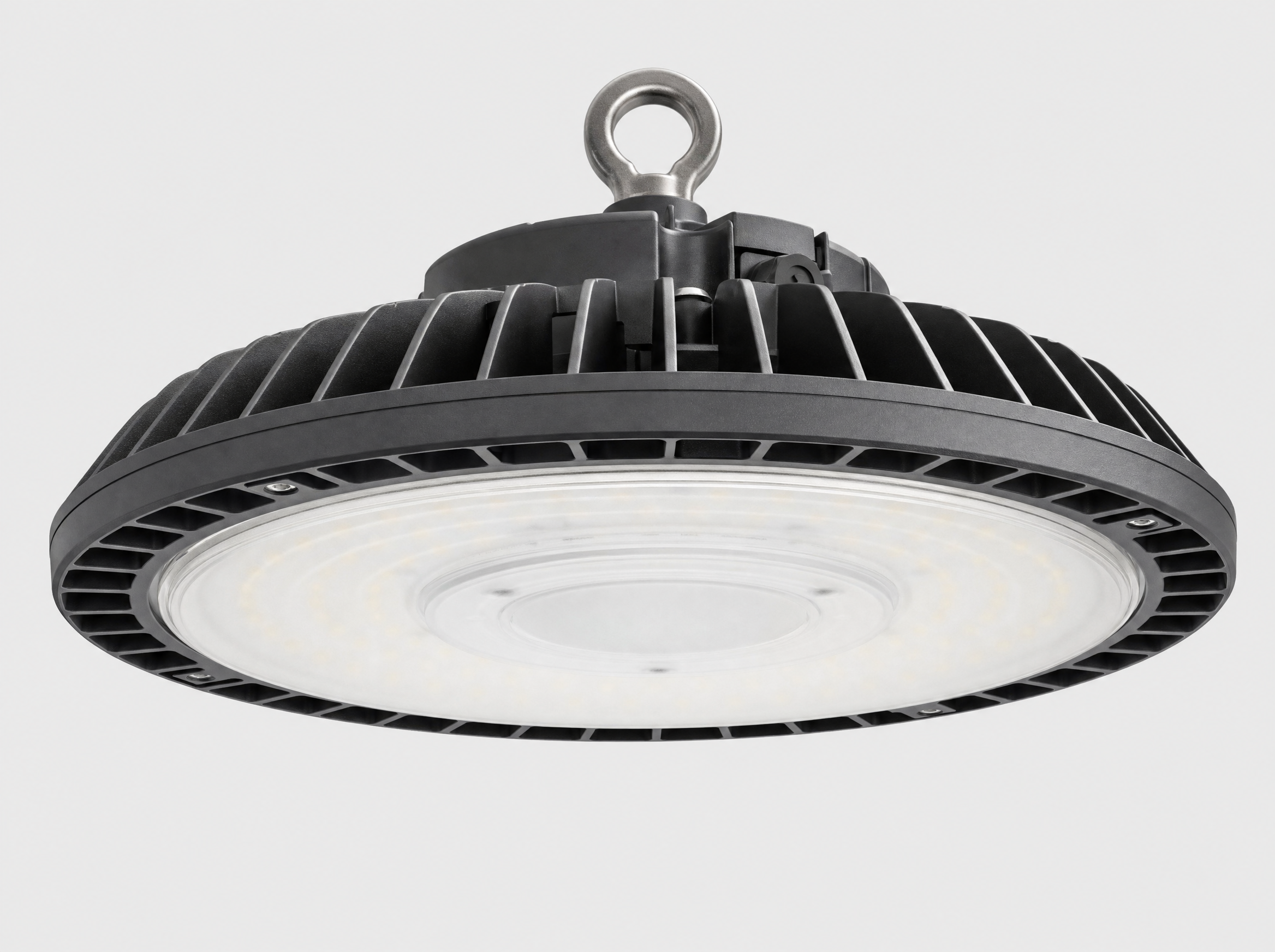 Close up of a single round UFO style 200W LED high bay light fixture with disc shaped heatsink and frosted lens