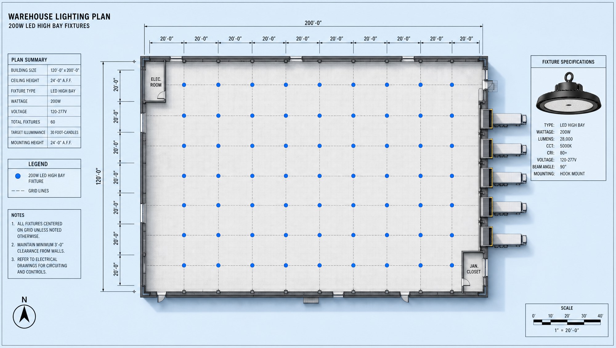Overhead architectural rendering of a rectangular warehouse floor plan with a grid pattern of small circular blue dots representing 200W LED high bay fixtures spaced evenly with measurement lines and dimensions visible