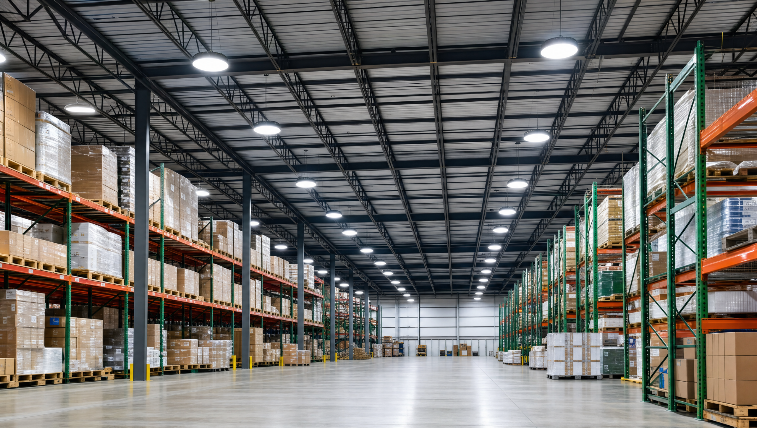 A modern warehouse interior with multiple round UFO 200W LED high bay lights hanging in a grid pattern over pallet racking