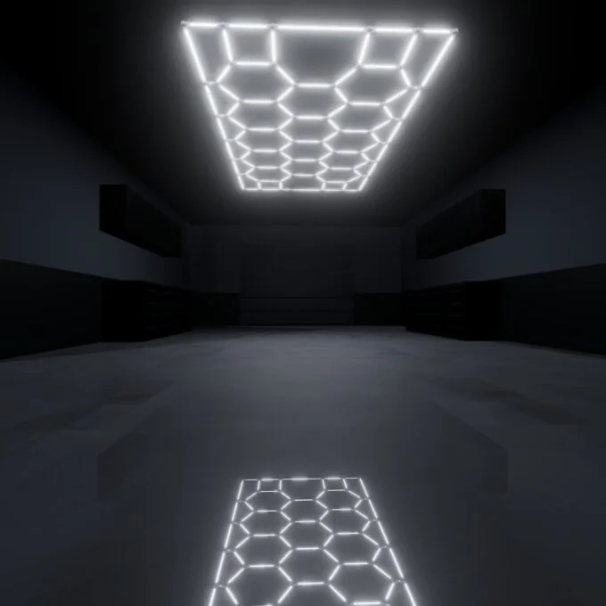 Hexagon LED garage light kit installed on a garage ceiling